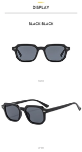 Front and 45-degree side views of black square sunglasses with silver stud details