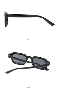 Side and back view of retro square black rectangle sunglasses with gray lenses