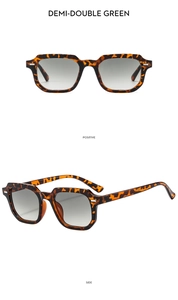 Detail view showing front and side of demi-double green tortoise square sunglasses