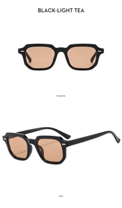 Front and side view of retro square black sunglasses with light tea tinted lenses