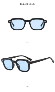 Detail view of retro square black sunglasses with blue lenses and silver rivet accents