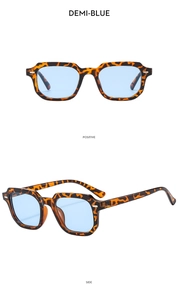 Front and side views of vintage leopard print sunglasses with blue lenses and metal rivets