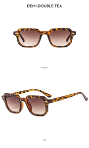 Detailed views of tortoise shell retro sunglasses with metal accents and brown lenses
