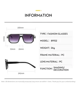 Detailed size specifications for pilot sunglasses showing dimensions and PC frame data