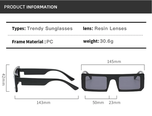 Detailed size chart for black square sunglasses showing frame width and lens height