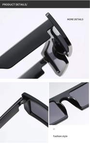 Detail of square sunglasses showing metal hinge and integrated nose pads for comfort