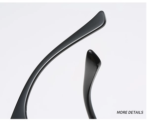 Close-up of sleek black eyeglass temples showing high-gloss finish and smooth curved ends