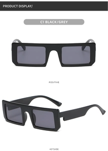 Detail view of square black retro sunglasses with grey lenses in front and side perspectives