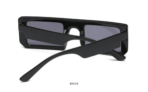 Rear view of trendy rectangle flat top sunglasses with thick black frames and grey lenses