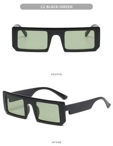 Front and 45-degree side views of black rectangular sunglasses with light green lenses
