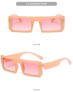 Detail view of retro square orange sunglasses with gradient lenses and integral nose pads