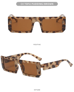 Detail view of leopard print rectangular sunglasses showing front and 45-degree side angles