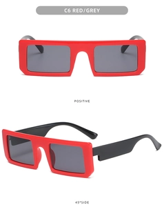 Front and 45-degree side views of retro red square sunglasses with thick frames