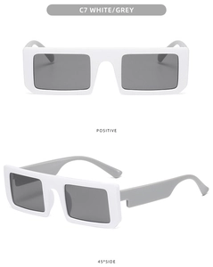 White rectangular sunglasses with grey lenses showing front and 45-degree side views