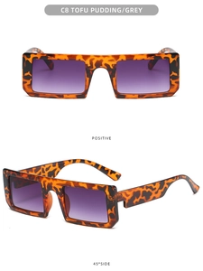 Detail view of square tortoise shell sunglasses with purple gradient lenses
