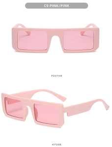 Detail view of pink rectangular sunglasses showing positive and 45-degree side angles