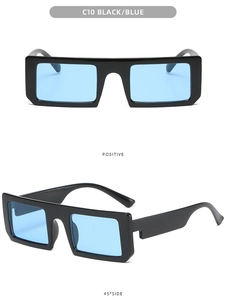 Retro rectangle sunglasses with black frame and blue lenses from positive and side angles