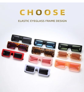 Elastic frame design detail on square retro sunglasses in multiple vibrant colors