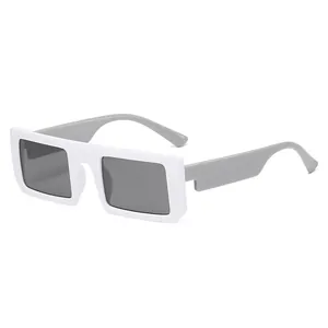 Trendy rectangular sunglasses with bold white frames and slim gray temples in minimalist style