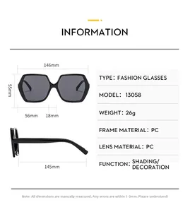 Spécifications de taille pour lunettes de soleil hexagonales avec détails de monture