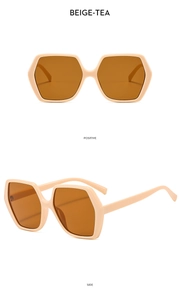 Détail de lunettes de soleil hexagonales beiges avec verres thé vues de face et de profil