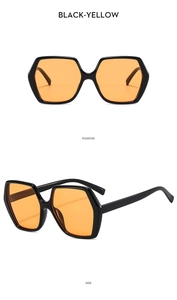 Détails de lunettes de soleil hexagonales noires avec verres jaunes, vues de face et de profil