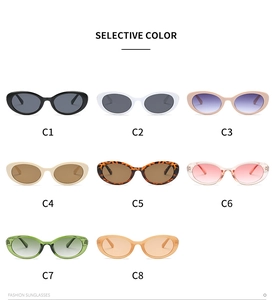 Detailed grid view showcasing eight colorful oval vintage sunglasses frame options