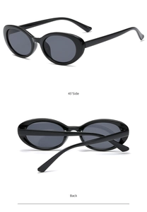Detailed 45-degree side and back views of glossy black vintage oval sunglasses