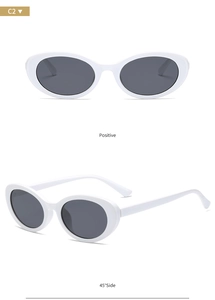 Front and side view of retro oval sunglasses with white frame and dark grey lenses