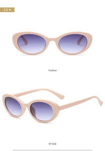 Front and 45-degree side view of oval sunglasses with nude frames and purple gradient lenses