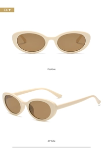 Front and 45-degree side view of retro oval cat-eye sunglasses with cream frames