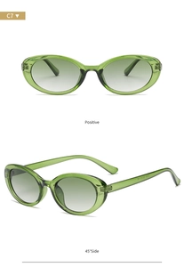 Detail of green cat-eye sunglasses with translucent frames and gradient lenses