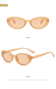 Detail view of oval cat-eye sunglasses in amber C8 frame from front and side angles