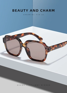 Close-up of tortoise shell frame sunglasses with brown lenses on a modern stand