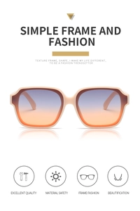 Detail of oversized polygon sunglasses with cream frame and purple-orange gradient lenses