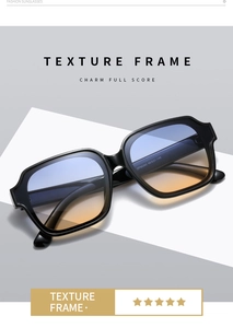 Detailed shot of polygon sunglasses frame with blue to orange gradient lenses