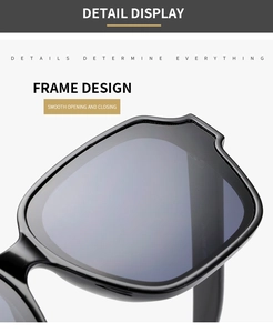 Detail view of black polygon sunglasses frame with smooth hinge and wave top design