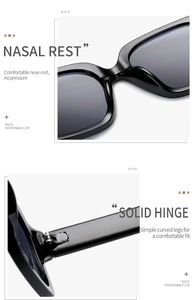Detail of integrated nasal rest and solid metal hinges on black polygon sunglasses