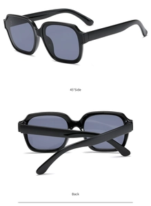 Detail view showing 45-degree side and back of black polygon frame sunglasses