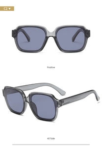 Detail view of transparent grey polygon frame sunglasses with blue-grey lenses in C2 color