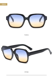 Front and 45-degree angle views of polygon sunglasses with blue-yellow gradient lenses