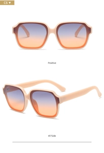Detail view of cream polygon sunglasses with purple and orange gradient lenses