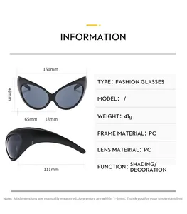 Size chart showing Y2K irregular sunglasses dimensions with 151mm width and PC material details