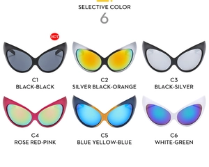 Detail view of colorful Y2K wrap around alien sunglasses in six vibrant color variations