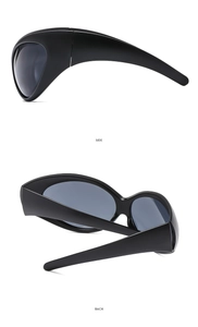 Side and back view of matte black Y2K wraparound sunglasses with a futuristic design