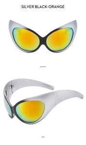 Detailed views of silver Y2K oversized alien sunglasses with orange gradient lenses