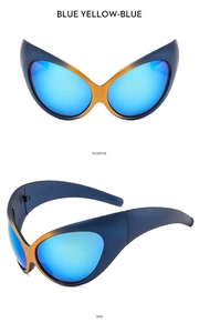 Front and side view of futuristic Y2K wrap-around sunglasses in blue and yellow