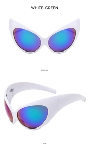 Detailed views of futuristic white Y2K cat-eye sunglasses with green polarized lenses