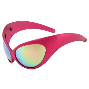 Y2K futuristic oversized pink matte wrap sunglasses with iridescent gradient lenses