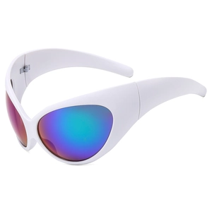 Future Y2K wrap-around sunglasses with white frame and vibrant blue purple lenses